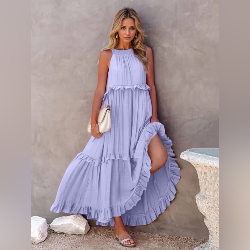 Lilac Ruffled Sleeveless Tiered Maxi Dress with Pockets